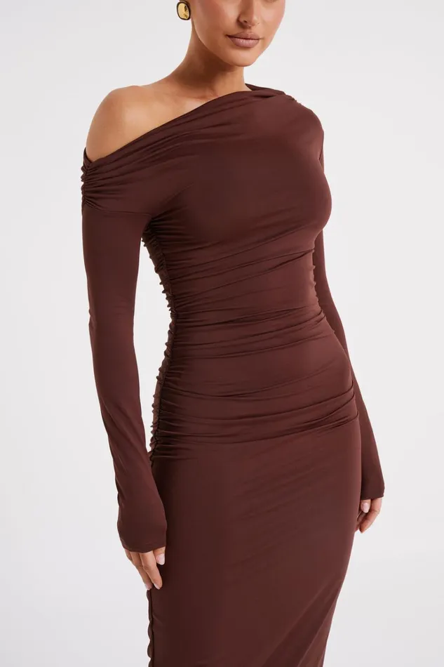 Dresses Women Meshki Christabel Recycled Nylon Ruched Midi Dress 8211 Chocolate