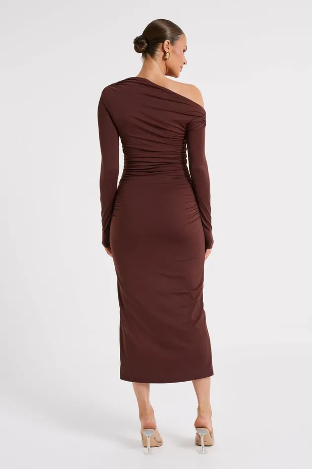 Dresses Women Meshki Christabel Recycled Nylon Ruched Midi Dress 8211 Chocolate