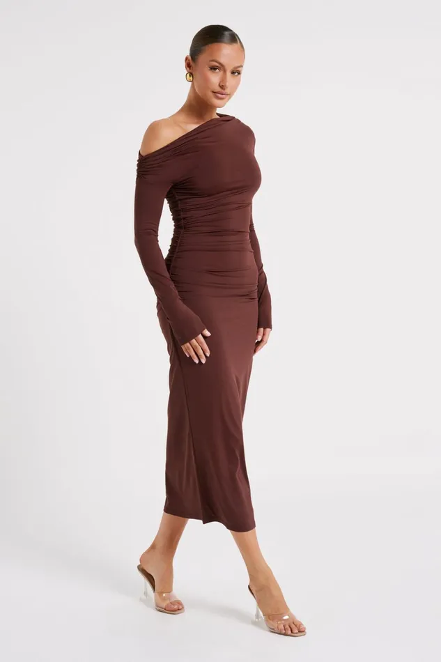 Dresses Women Meshki Christabel Recycled Nylon Ruched Midi Dress 8211 Chocolate