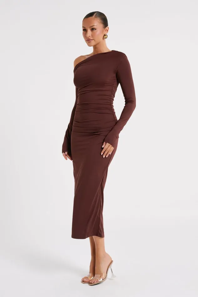 Dresses Women Meshki Christabel Recycled Nylon Ruched Midi Dress 8211 Chocolate