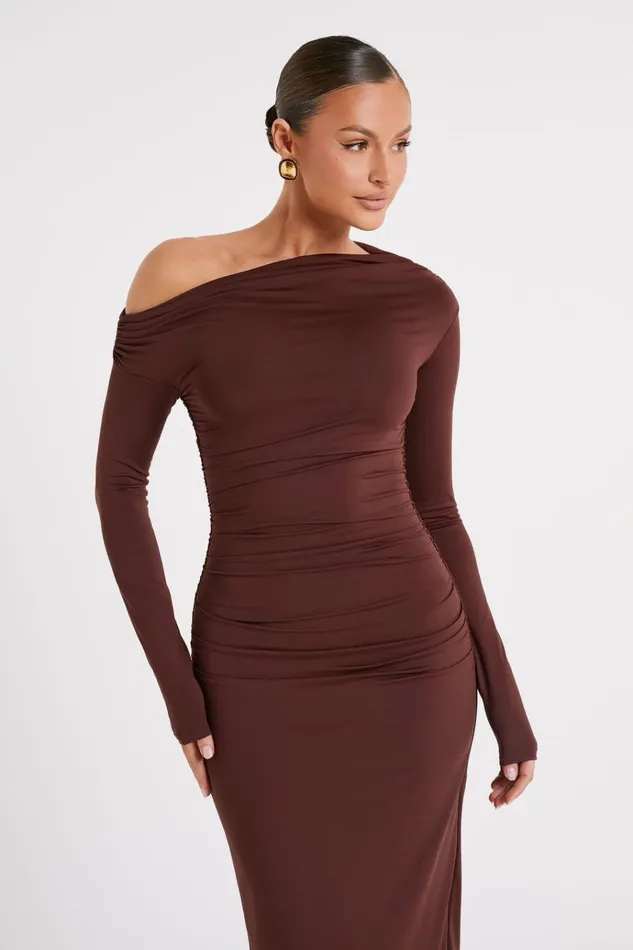 Dresses Women Meshki Christabel Recycled Nylon Ruched Midi Dress 8211 Chocolate
