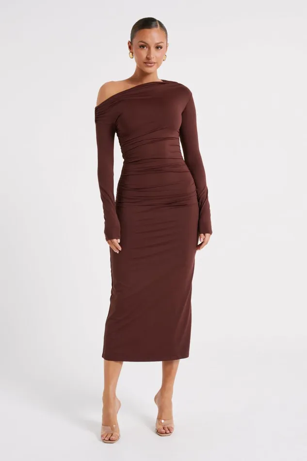 Dresses Women Meshki Christabel Recycled Nylon Ruched Midi Dress 8211 Chocolate