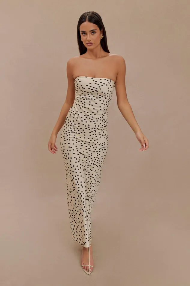 Dresses Women Meshki Claudette Strapless Satin Maxi Dress 8211 Polka Dot Print