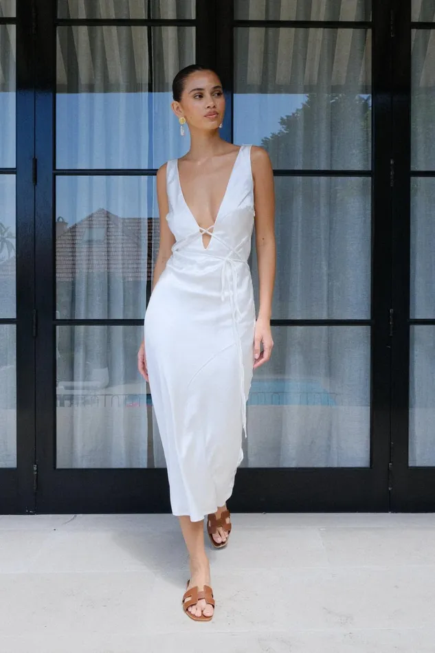 Dresses Women Meshki Elouise Tie Around Satin Midi Dress 8211 Ivory