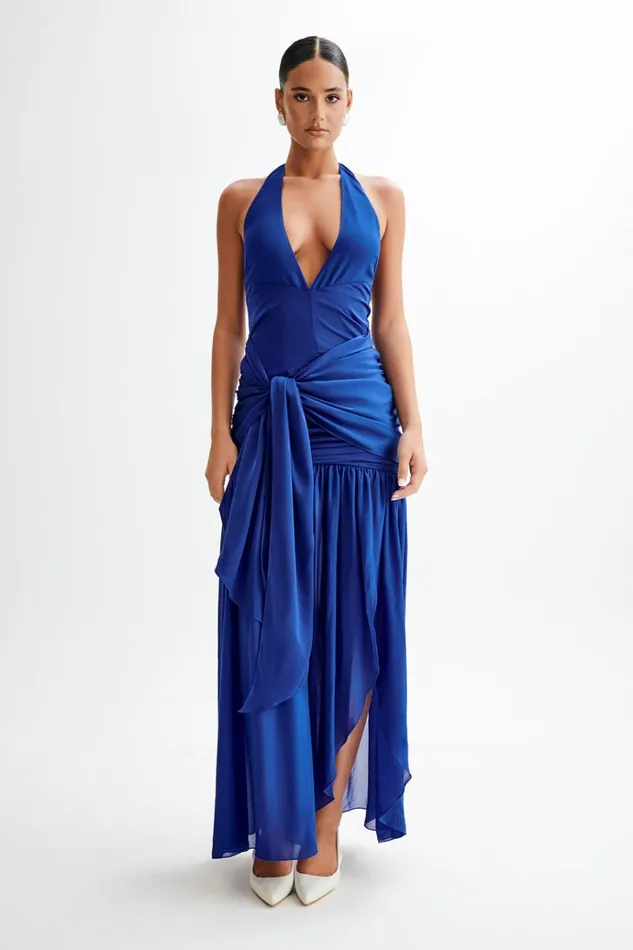 Dresses Women Meshki Graziana Satin Chiffon Plunge Maxi Dress 8211 Cobalt Blue
