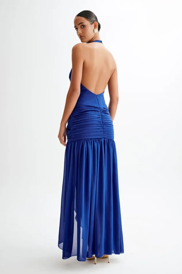 Dresses Women Meshki Graziana Satin Chiffon Plunge Maxi Dress 8211 Cobalt Blue