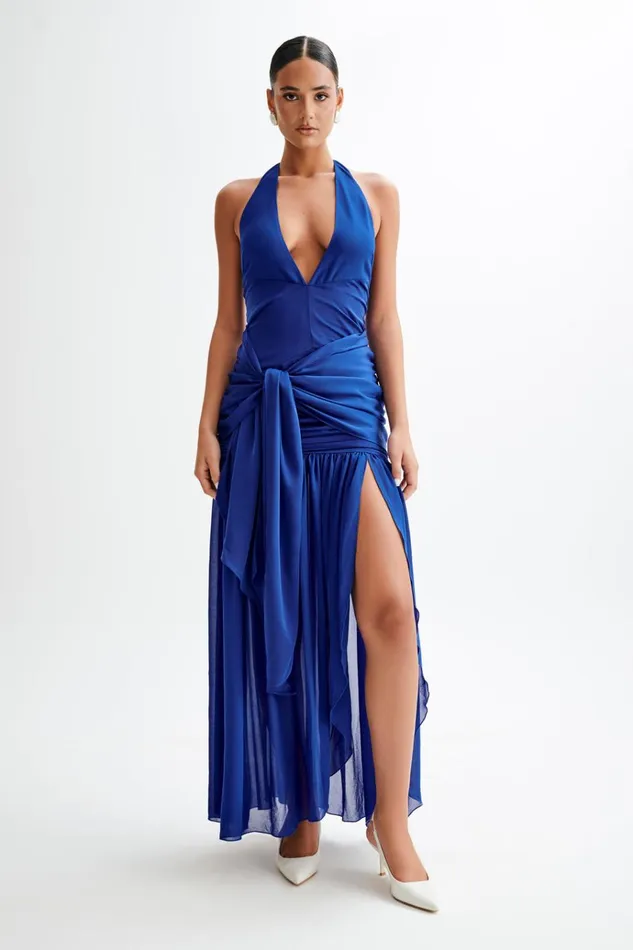 Dresses Women Meshki Graziana Satin Chiffon Plunge Maxi Dress 8211 Cobalt Blue