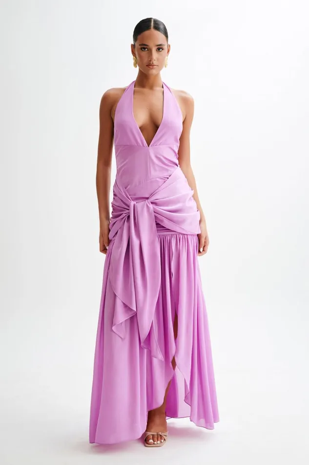 Dresses Women Meshki Graziana Satin Chiffon Plunge Maxi Dress 8211 Violet
