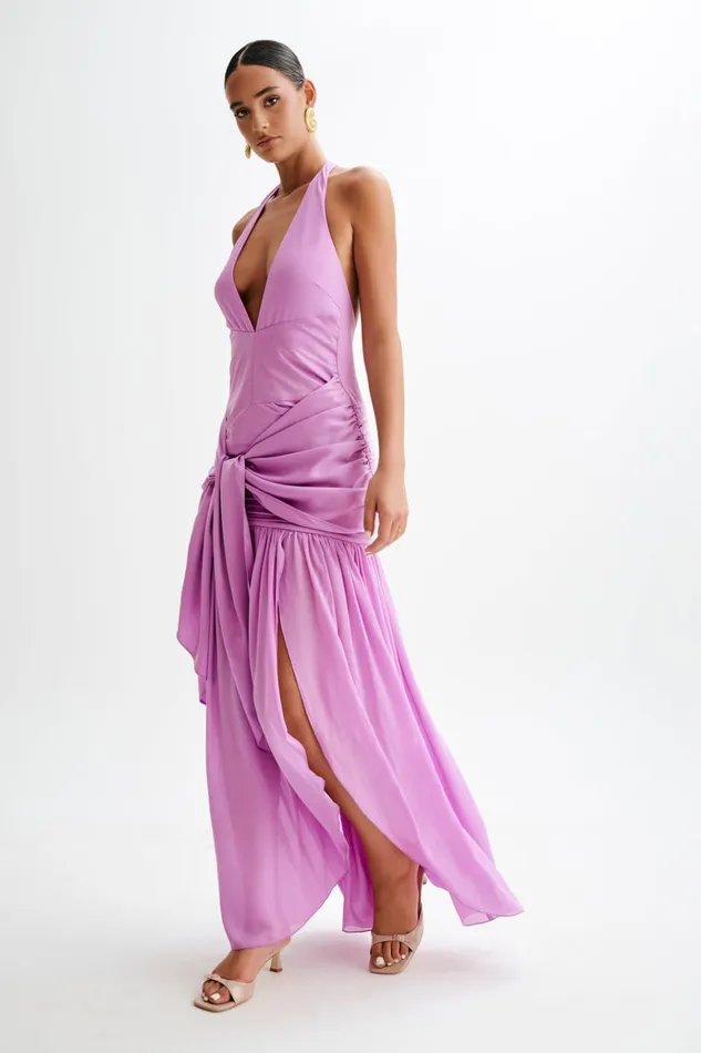 Dresses Women Meshki Graziana Satin Chiffon Plunge Maxi Dress 8211 Violet