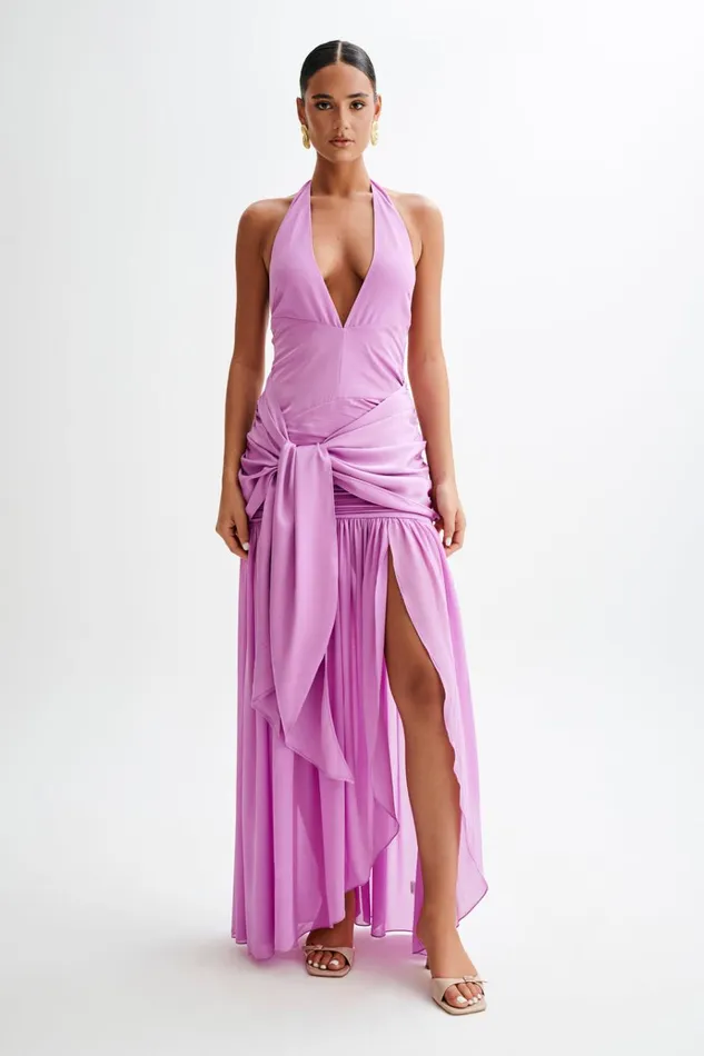 Dresses Women Meshki Graziana Satin Chiffon Plunge Maxi Dress 8211 Violet
