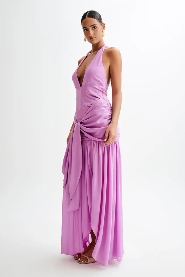 Dresses Women Meshki Graziana Satin Chiffon Plunge Maxi Dress 8211 Violet