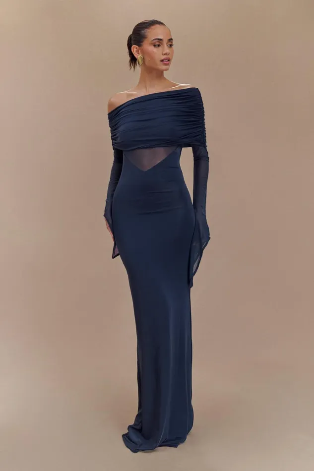 Dresses Women Meshki Kaitlin One Shoulder Slinky And Mesh Maxi Dress 8211 Midnight Blue