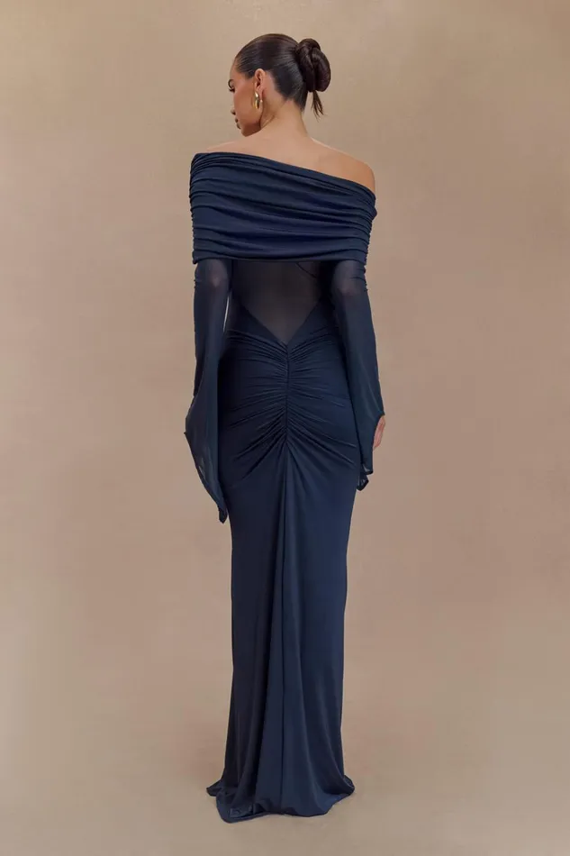Dresses Women Meshki Kaitlin One Shoulder Slinky And Mesh Maxi Dress 8211 Midnight Blue