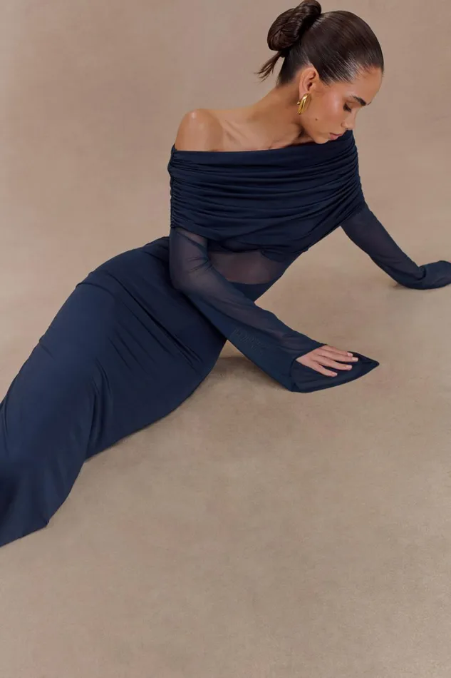 Dresses Women Meshki Kaitlin One Shoulder Slinky And Mesh Maxi Dress 8211 Midnight Blue