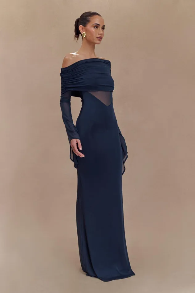Dresses Women Meshki Kaitlin One Shoulder Slinky And Mesh Maxi Dress 8211 Midnight Blue