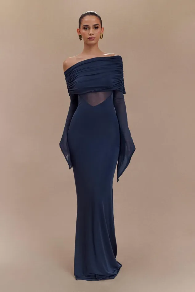 Dresses Women Meshki Kaitlin One Shoulder Slinky And Mesh Maxi Dress 8211 Midnight Blue