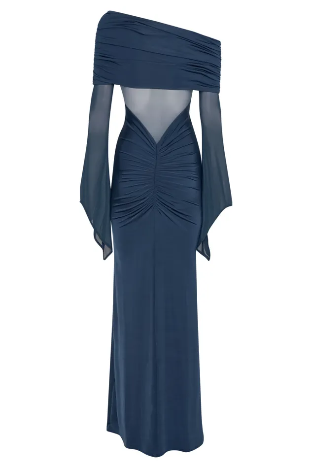 Dresses Women Meshki Kaitlin One Shoulder Slinky And Mesh Maxi Dress 8211 Midnight Blue