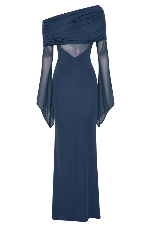 Dresses Women Meshki Kaitlin One Shoulder Slinky And Mesh Maxi Dress 8211 Midnight Blue