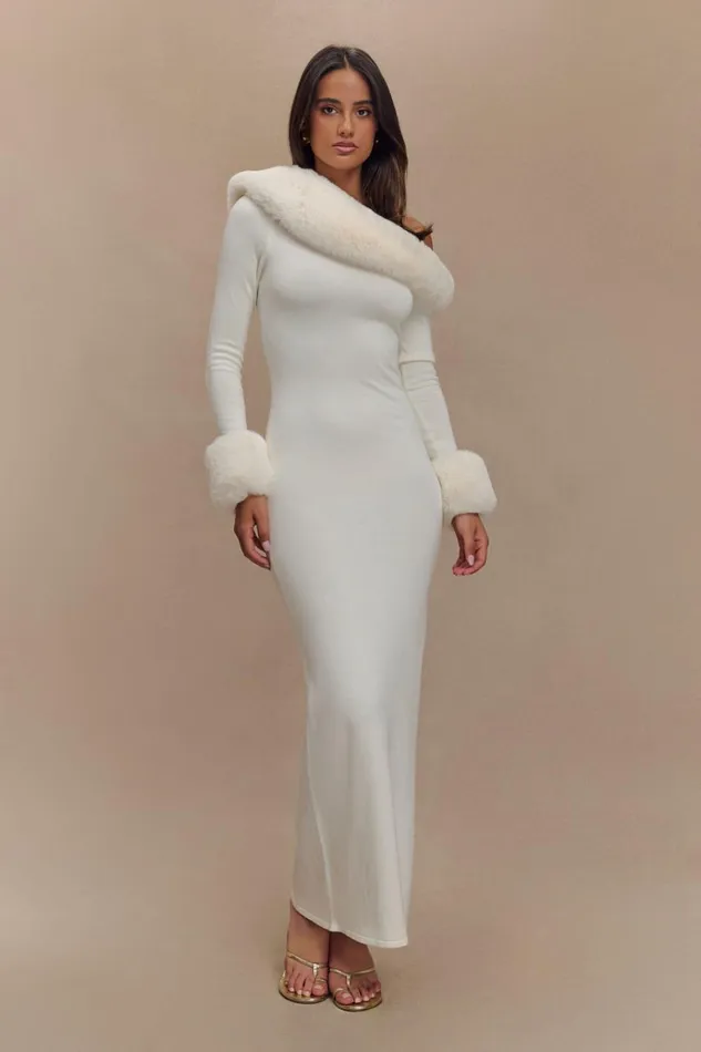 Dresses Women Meshki Karleigh Faux Fur Knit Maxi Dress 8211 Ivory