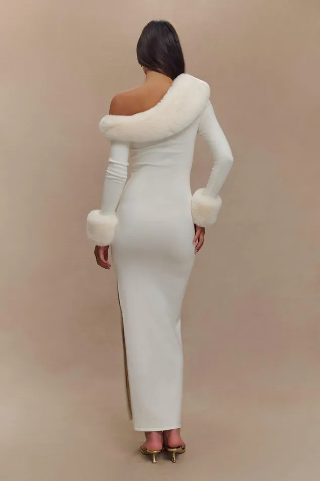 Dresses Women Meshki Karleigh Faux Fur Knit Maxi Dress 8211 Ivory