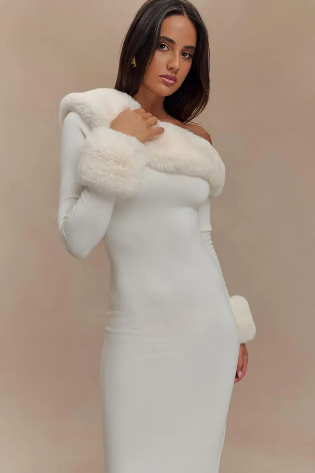 Dresses Women Meshki Karleigh Faux Fur Knit Maxi Dress 8211 Ivory