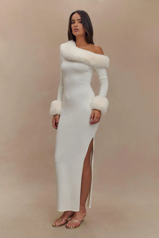 Dresses Women Meshki Karleigh Faux Fur Knit Maxi Dress 8211 Ivory