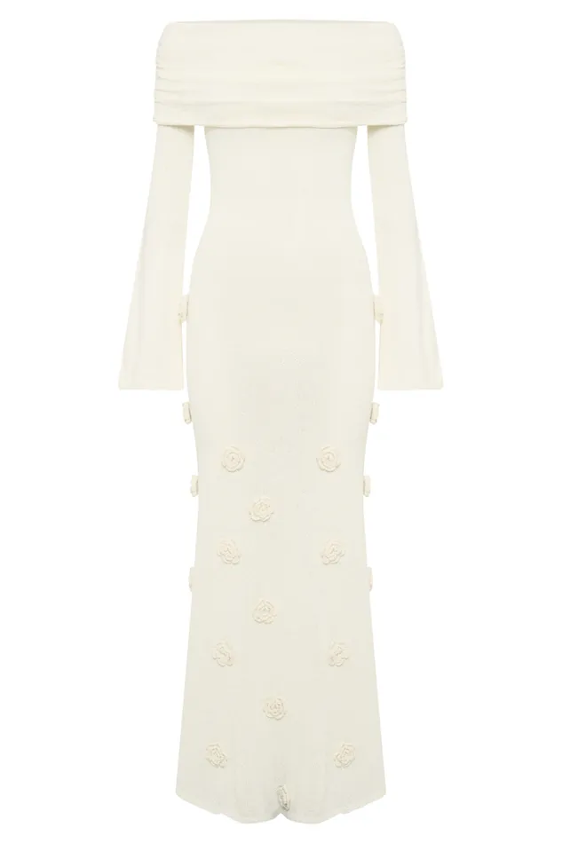 Dresses Women Meshki Kiki Off Shoulder Knit Rose Maxi Dress 8211 Ivory