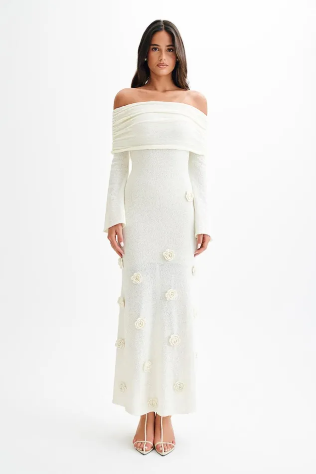 Dresses Women Meshki Kiki Off Shoulder Knit Rose Maxi Dress 8211 Ivory
