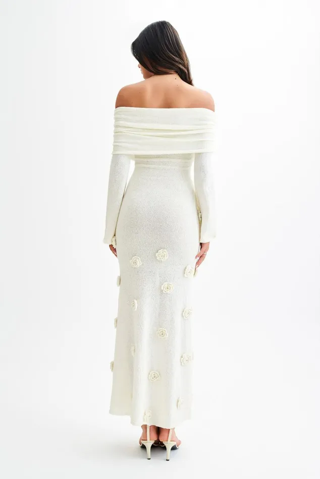 Dresses Women Meshki Kiki Off Shoulder Knit Rose Maxi Dress 8211 Ivory