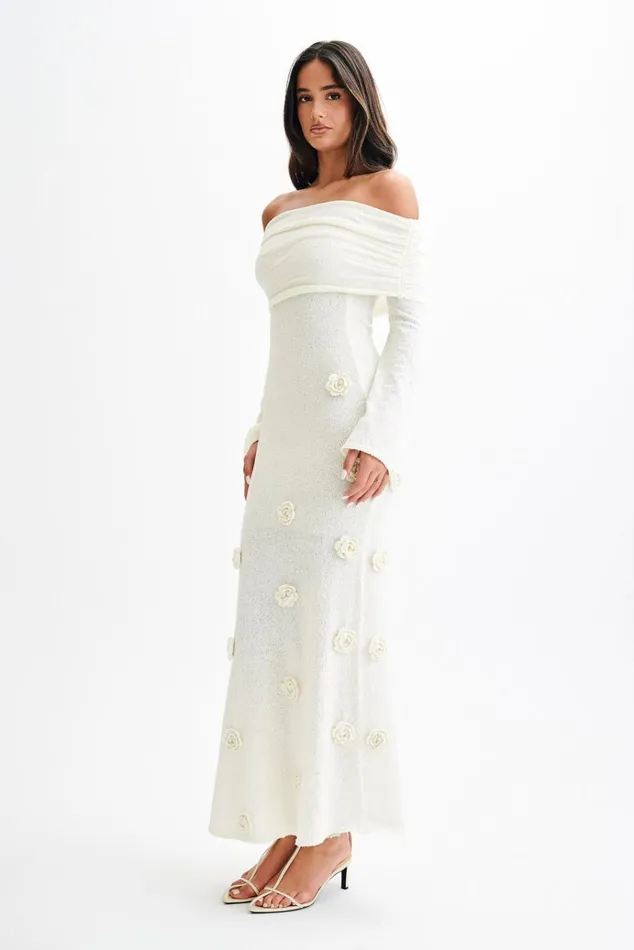 Dresses Women Meshki Kiki Off Shoulder Knit Rose Maxi Dress 8211 Ivory