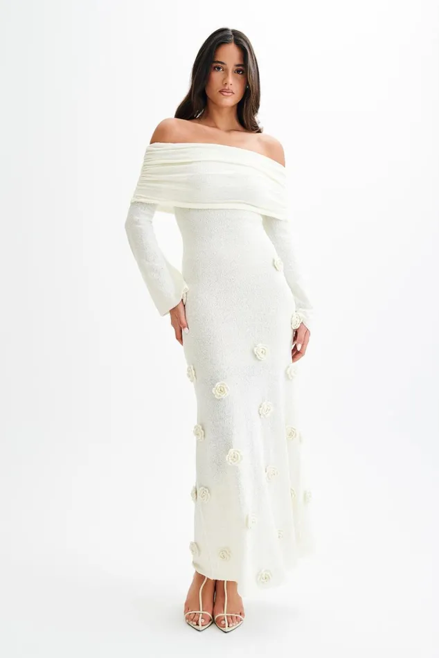 Dresses Women Meshki Kiki Off Shoulder Knit Rose Maxi Dress 8211 Ivory