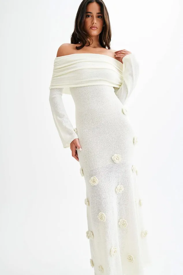 Dresses Women Meshki Kiki Off Shoulder Knit Rose Maxi Dress 8211 Ivory