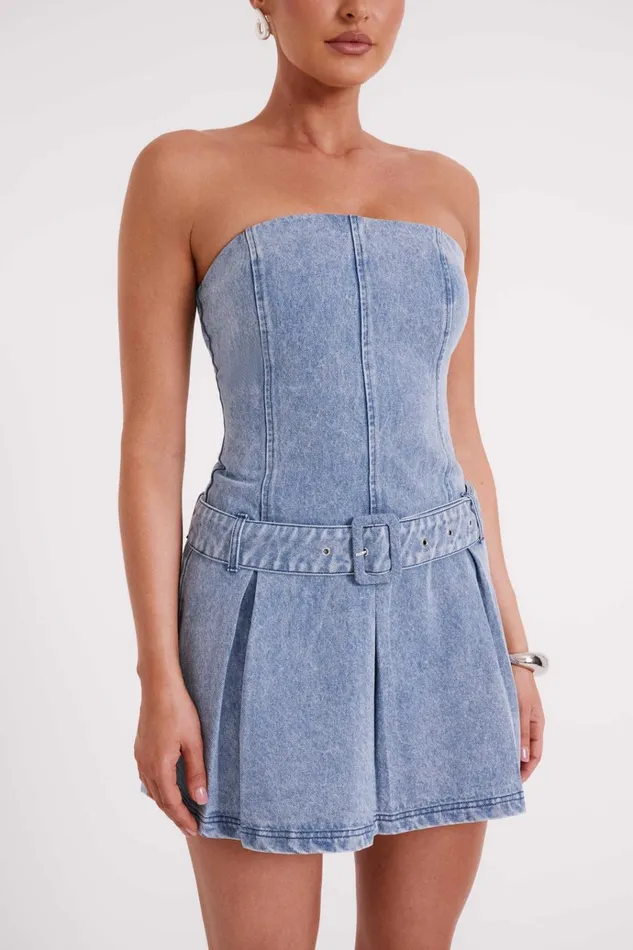 Dresses Women Meshki Lee Denim Pleated Mini Dress 8211 Vintage Blue