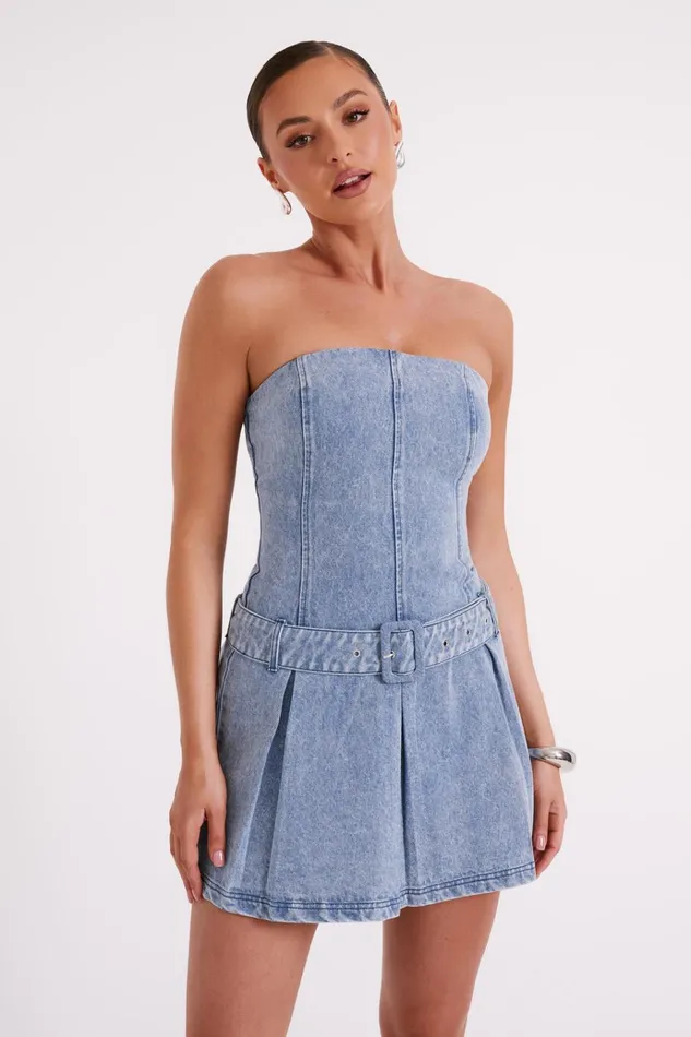 Dresses Women Meshki Lee Denim Pleated Mini Dress 8211 Vintage Blue