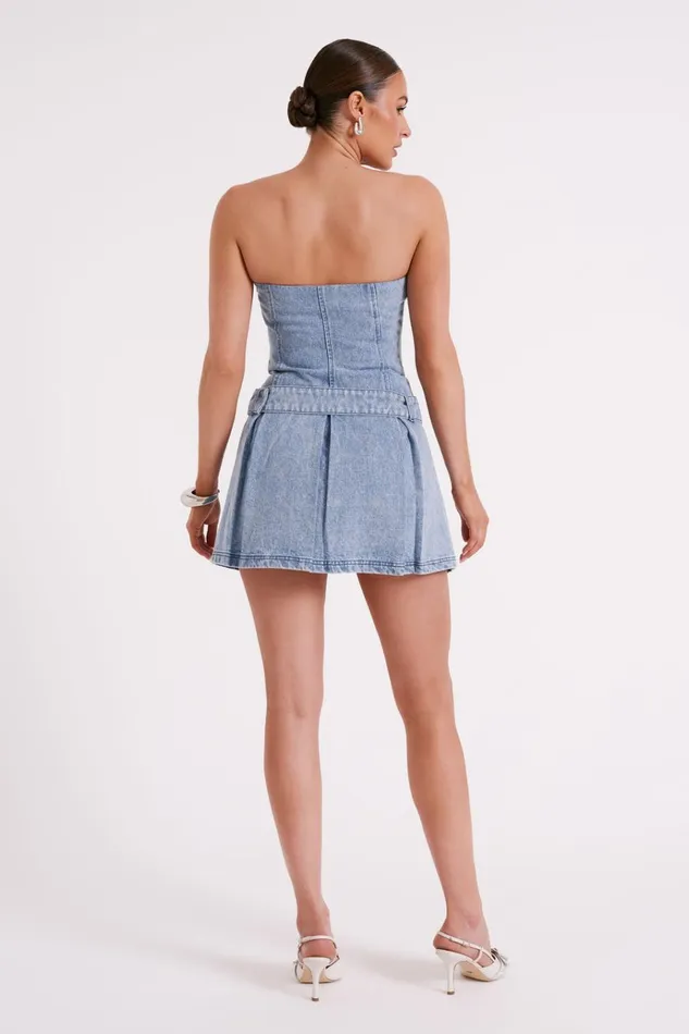 Dresses Women Meshki Lee Denim Pleated Mini Dress 8211 Vintage Blue