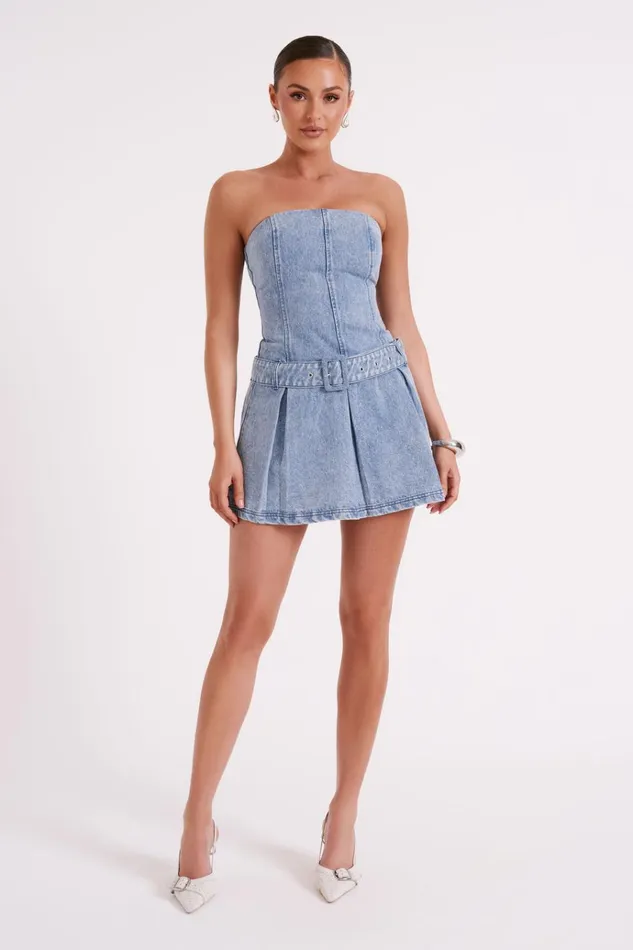 Dresses Women Meshki Lee Denim Pleated Mini Dress 8211 Vintage Blue