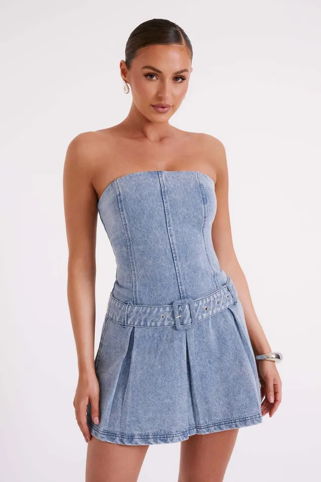 Dresses Women Meshki Lee Denim Pleated Mini Dress 8211 Vintage Blue