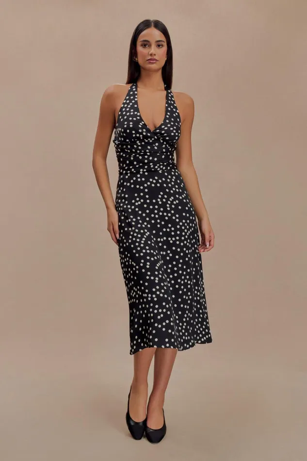 Dresses Women Meshki Marguerite Satin Halter Midi Dress 8211 Black Polka Dot Print