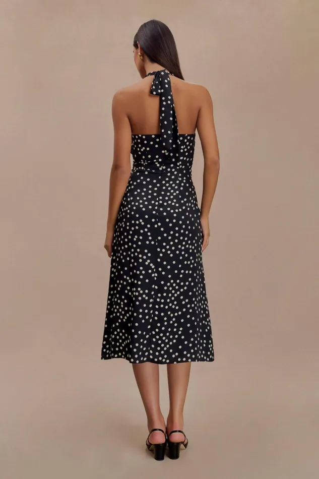 Dresses Women Meshki Marguerite Satin Halter Midi Dress 8211 Black Polka Dot Print