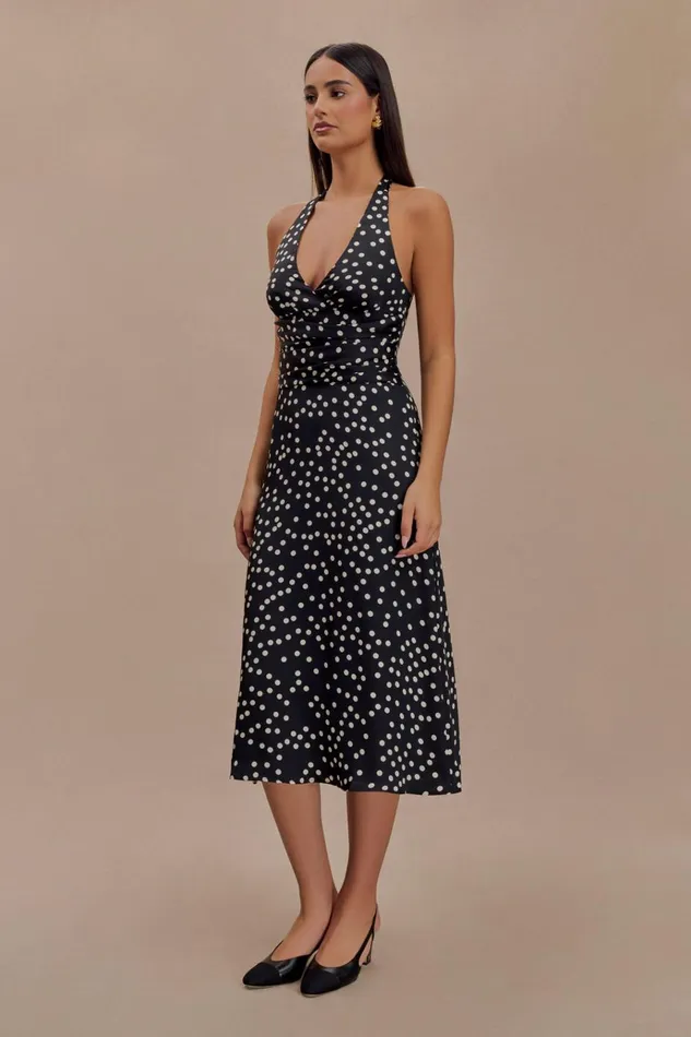 Dresses Women Meshki Marguerite Satin Halter Midi Dress 8211 Black Polka Dot Print