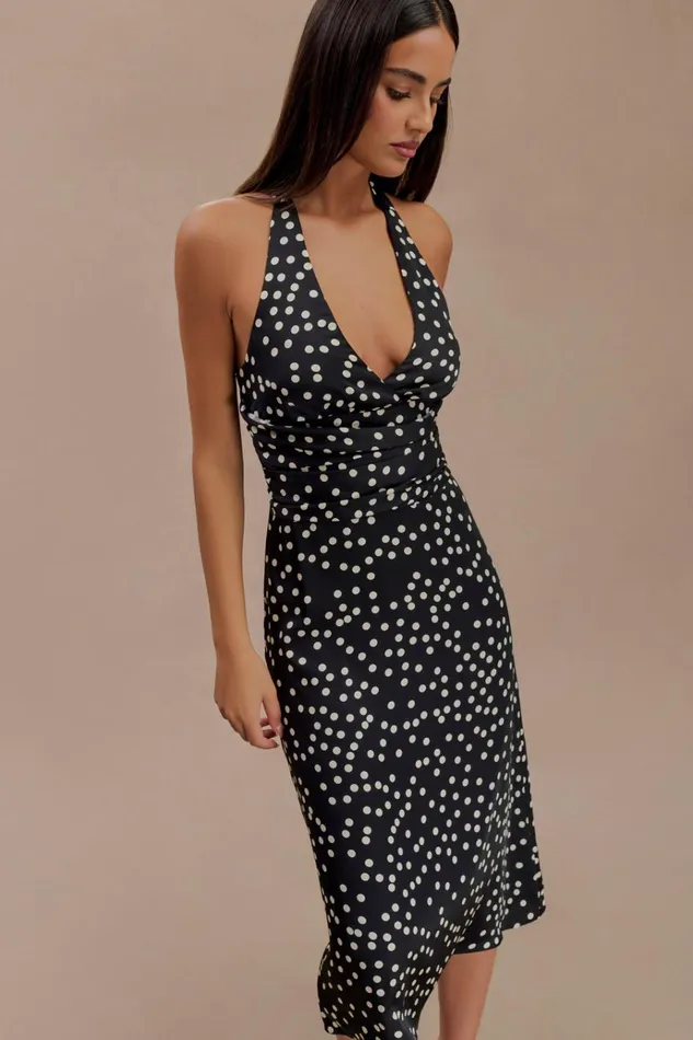 Dresses Women Meshki Marguerite Satin Halter Midi Dress 8211 Black Polka Dot Print