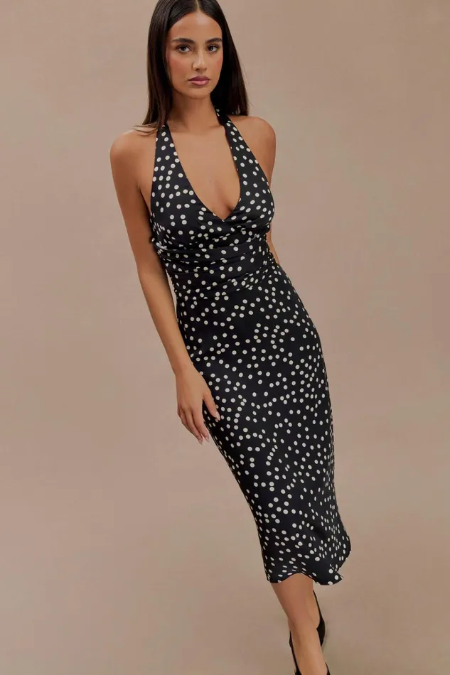 Dresses Women Meshki Marguerite Satin Halter Midi Dress 8211 Black Polka Dot Print