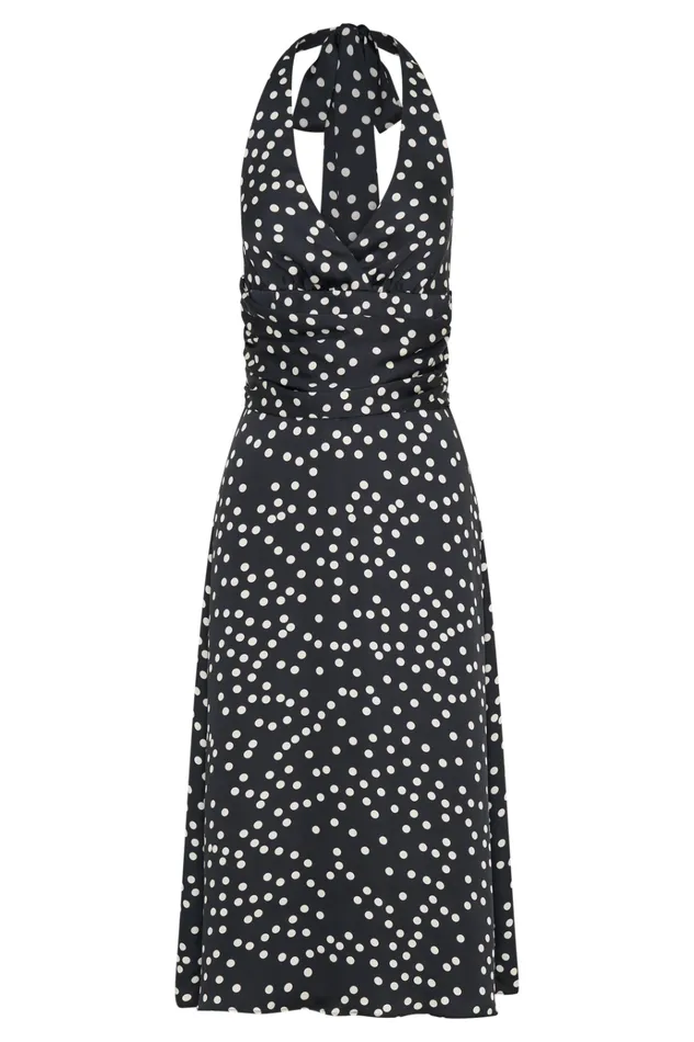 Dresses Women Meshki Marguerite Satin Halter Midi Dress 8211 Black Polka Dot Print