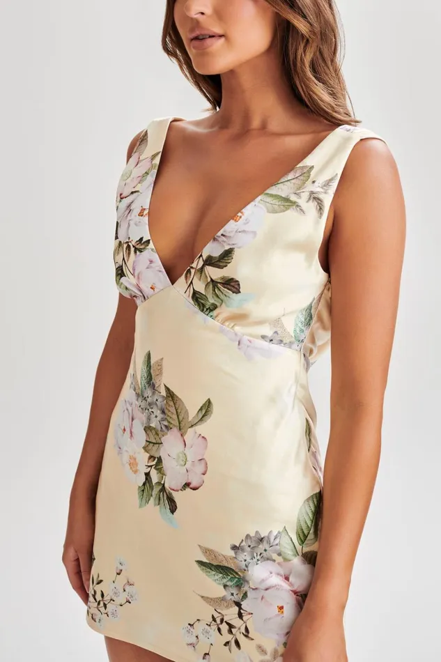 Dresses Women Meshki Nadia Satin Mini Dress With Cowl Back 8211 Lemon Floral Print