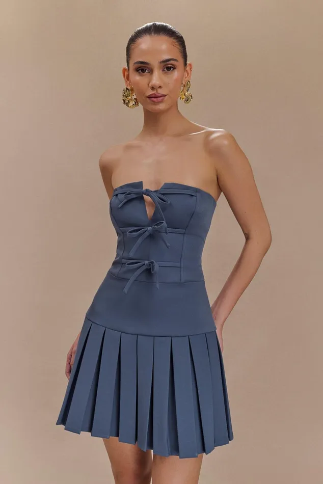 Dresses Women Meshki Naya Pleated Mini Dress With Ties 8211 Steel