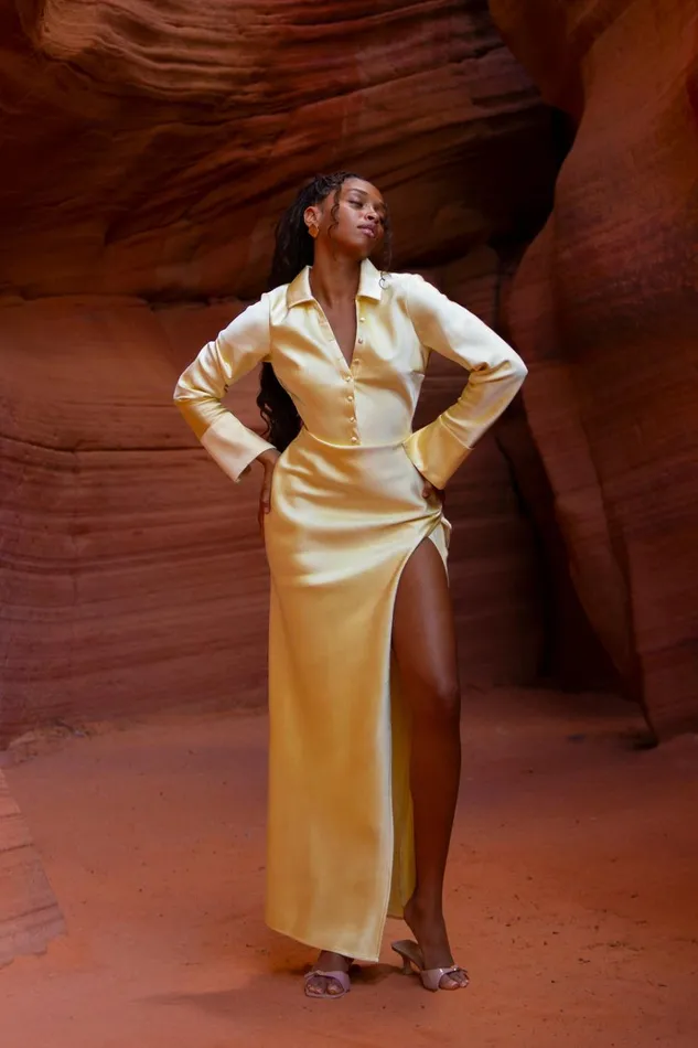 Dresses Women Meshki Whitley Satin Collared Maxi Dress 8211 Butter