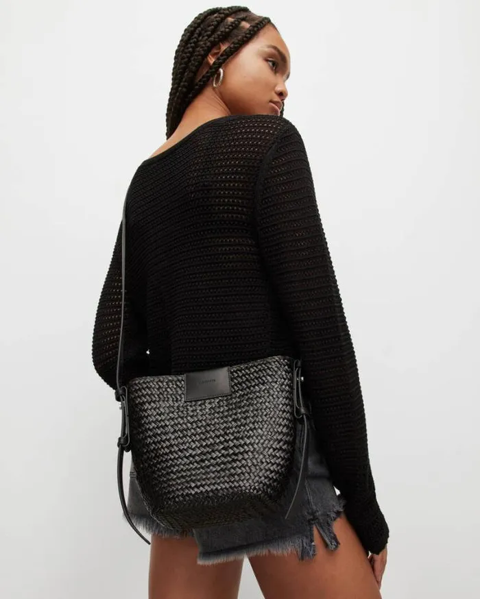 Ebro Straw Crossbody Bag Black Women AllSaints Handbags and Wallets