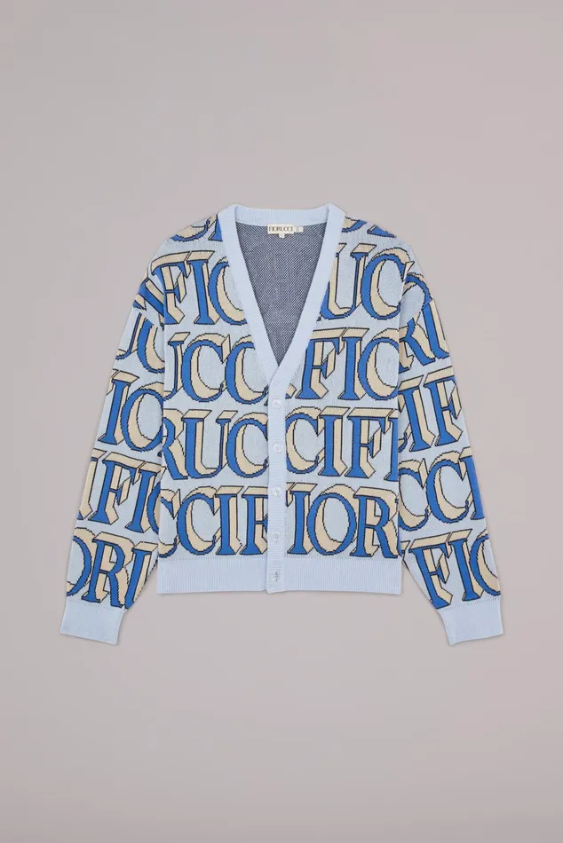 Fiorucci Sweatshirts and Hoodies Unisex Monogram Logo Knit Cardigan Blue Blue 8211 WomenMen