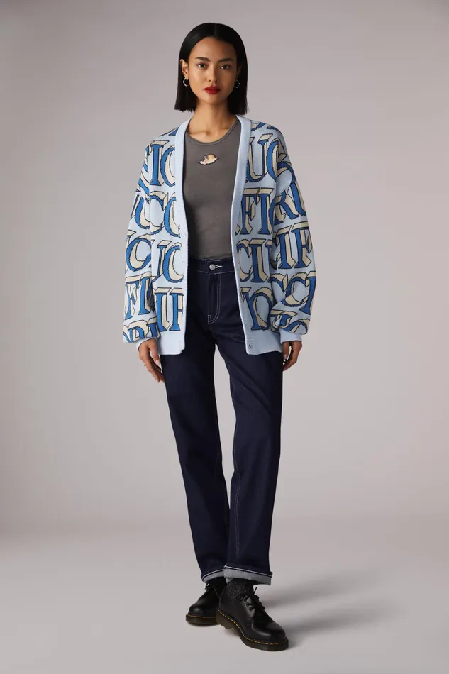 Fiorucci Sweatshirts and Hoodies Unisex Monogram Logo Knit Cardigan Blue Blue 8211 WomenMen