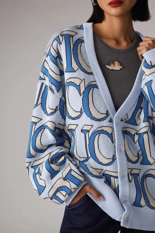 Fiorucci Sweatshirts and Hoodies Unisex Monogram Logo Knit Cardigan Blue Blue 8211 WomenMen